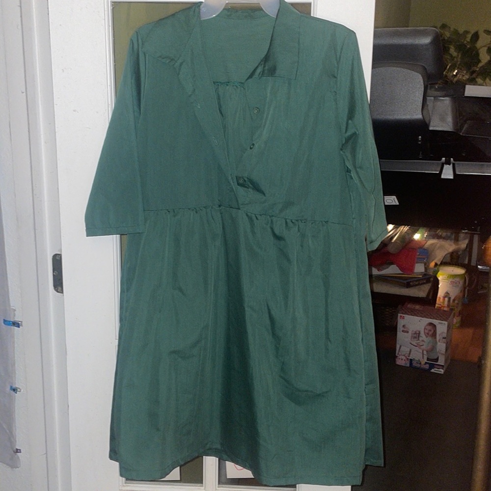 Green tunic 3/4 sleeve dress with button up top.